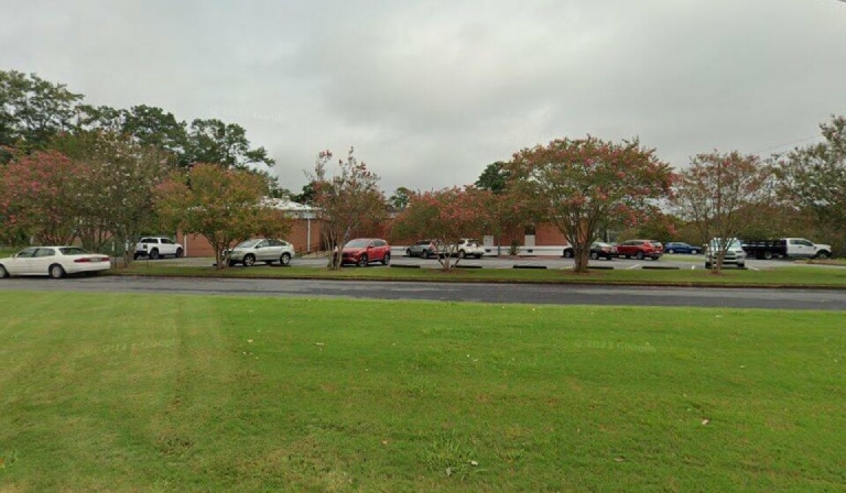 a large green field with trees in the background
